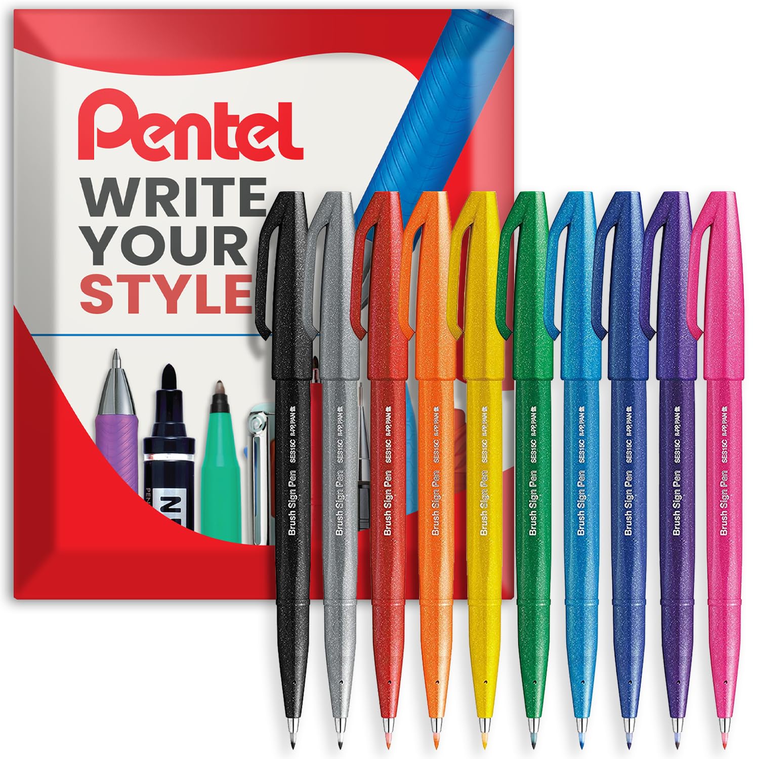 Pentel Brush Sign Pen SES15C - Brush Nib - Fibre Tip - Essential Set - In Envelope Gift Packaging - Pack of 10