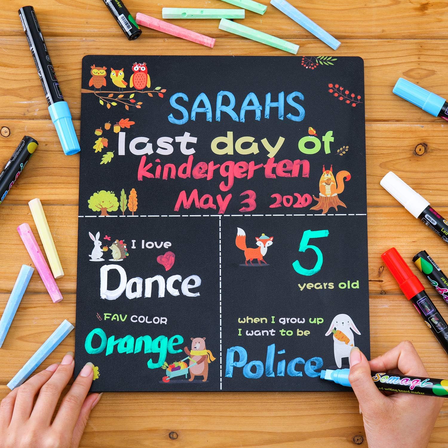 WONFUlity First Day of School Chalkboard 1st & Last Day of School Chalkboard Sign, Back to School Double-Side Reusable Board with Waterproof 12" × 10" Photo Prop, Fox Theme : Office Products