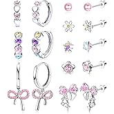 LOYALLOOK Hypoallergenic Surgical Steel Earrings for Women - Screw Back Earrings for Sensitive Ears Cute Earrings Dainty Flower Bow Flat Back Stud Hoop Earring Set