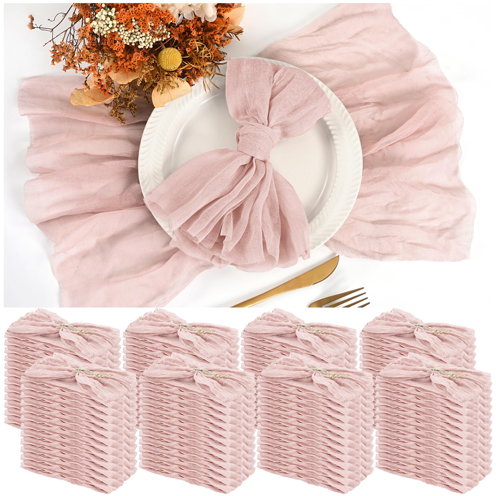 Photo 1 of 100 Pieces Cloth Napkins Pink Dinner Cheesecloth Napkins for Wedding,Wrinkled Cloth Napkins Bulk for Home Party Rustic Table Decoration, 17 x 17 Inch