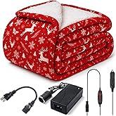 Retisee 12 Volt Heated Car Blanket Heated Electric Christmas Throw Blanket for Car, Truck, SUV, or RV with 3 Heating Levels for Home Camping Portable Indoor Outdoor, 60 x 51 Inch(Red Reindeer)