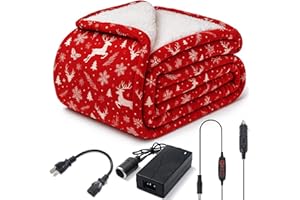 Retisee 12 Volt Heated Car Blanket Heated Electric Christmas Throw Blanket for Car, Truck, SUV, or RV with 3 Heating Levels for Home Camping Portable Indoor Outdoor, 60 x 51 Inch(Red Reindeer)