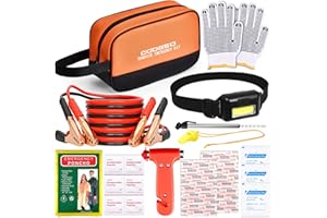COOGEO Roadside Emergency Car Kit with Jumper Cables, Car Accessories for Men, Assistance Safety Kit Includes Safety Hammer, Headlamp, Gloves, First Aid Kit for Women, Men, Teenagers, Orange
