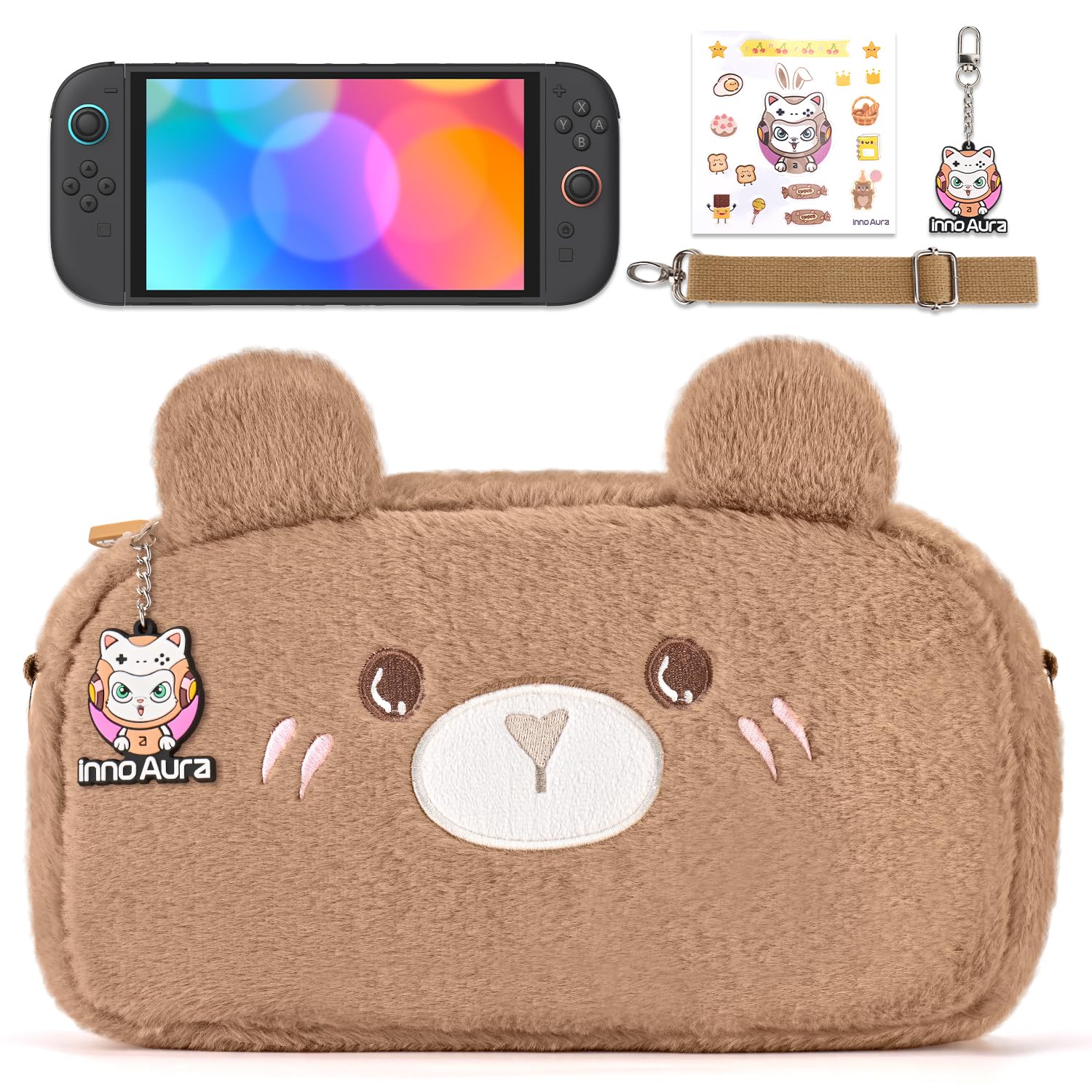 innoAura Switch 2 Case for Switch 2 Model 2025, Switch 2 Carrying Case, Detachable Shoulder Strap & Stickers & Pendant (Brown Bear)