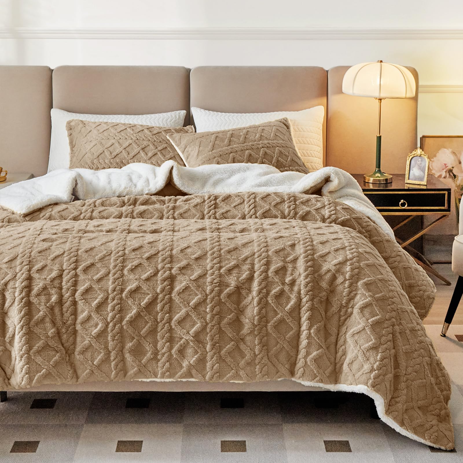 Photo 1 of Joyreap 3-Piece Fluffy Faux Fur Sherpa Comforter Set Coffee, Queen Size Luxury Tufted Bedding Comforter Set, All Season Soft n Cozy Plush Comforter Bed Set- 88x88 inches