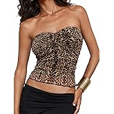 SHENHE Women's Leopard Print Mesh Tube Twist Front Strapless Ruched Sexy Y2k Tube Tops