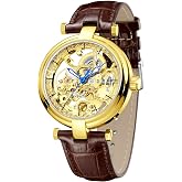 CARLIEN Skeleton Automatic Steampunk Watches Gold-Tone Luminous Hands | Leather Strap Wrist-Watch,Mechanical Wind,Waterproof Watches for men