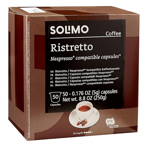 AMAZON BRAND – SOLIMO RISTRETTO CAPSULES, DARK ROAST, COMPATIBLE WITH ORIGINAL BREWERS, PACK OF 1X50 CAPSULE (50 COUNT)