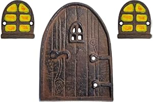 Lulu Decor, 100% Cast Iron Rustic Brown Miniature Fairy Door 8" with 2 Windows, Garden Ornament Ideal for Bottom of Trees (8 Inch - Round Top)
