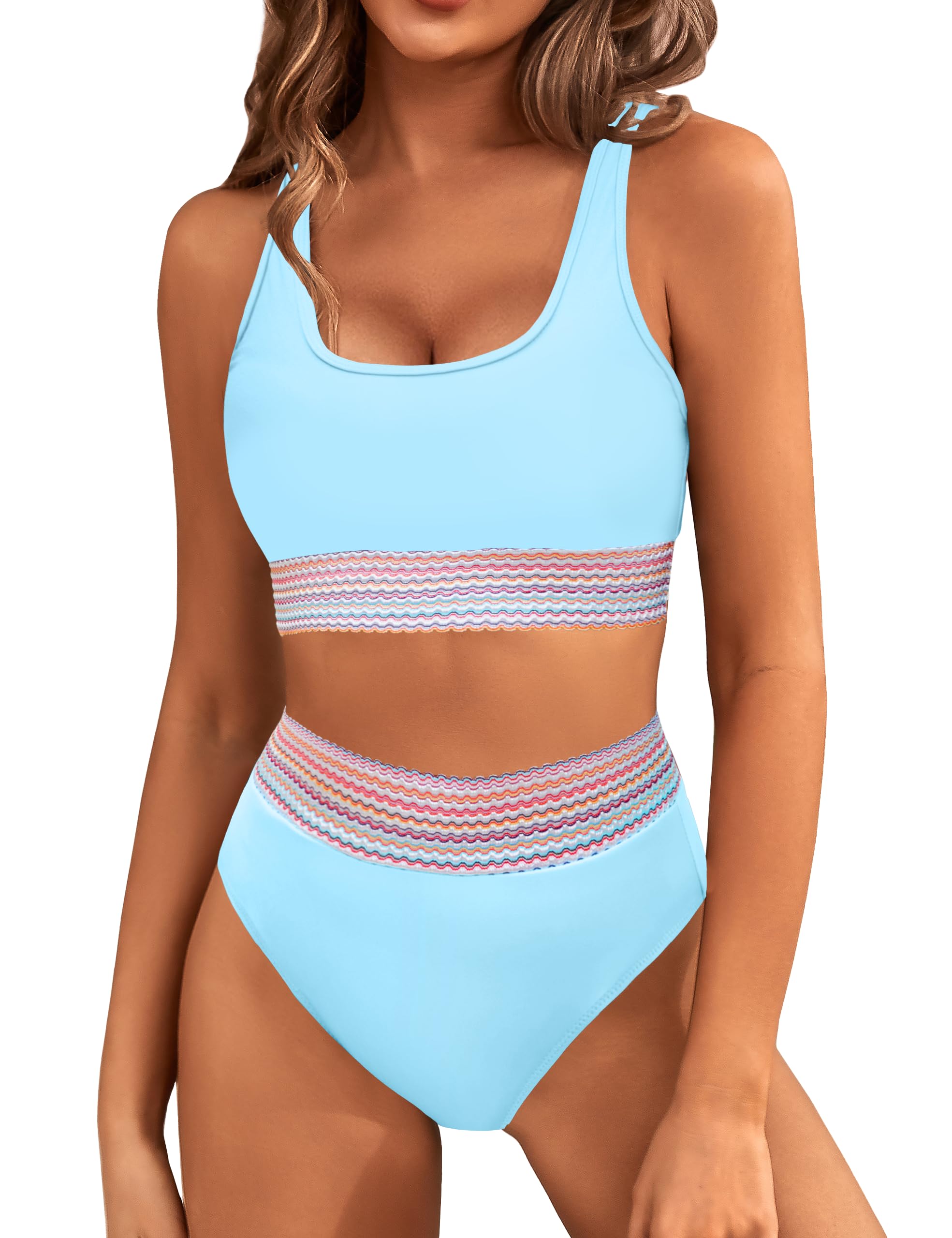 Photo 1 of BMJL Womens Tummy Control Swimsuit High Waisted Two Piece Bikini Sets Athletic Color Block High Cut Swimwear(S,Light Blue-New)