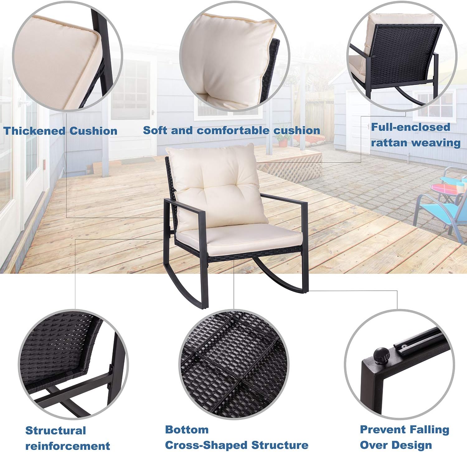 Shintenchi Outdoor 3 Piece Rocking Bistro Set, Wicker Patio Outdoor Furniture Porch Chairs Conversation Sets with Glass-Top Coffee Table for Backyard Porch Poolside Lawn, Garden, Black : Garden & Outdoor