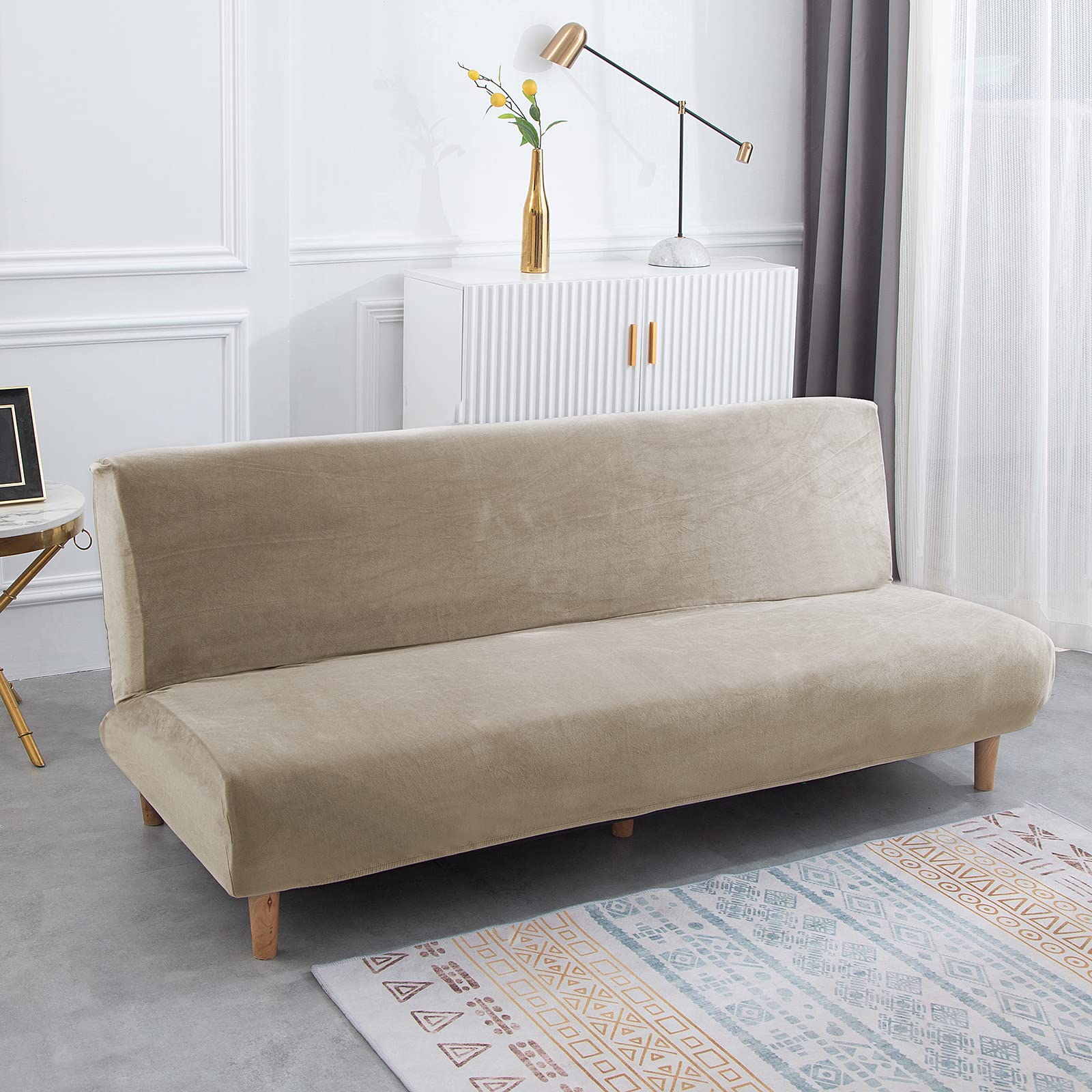 Qelus Armless Sofa Bed Cover,Velvet Stretch Sofa Covers,Futon Folding Couch Slipcover Protector wihtout Armrests(Champagne,Size S)