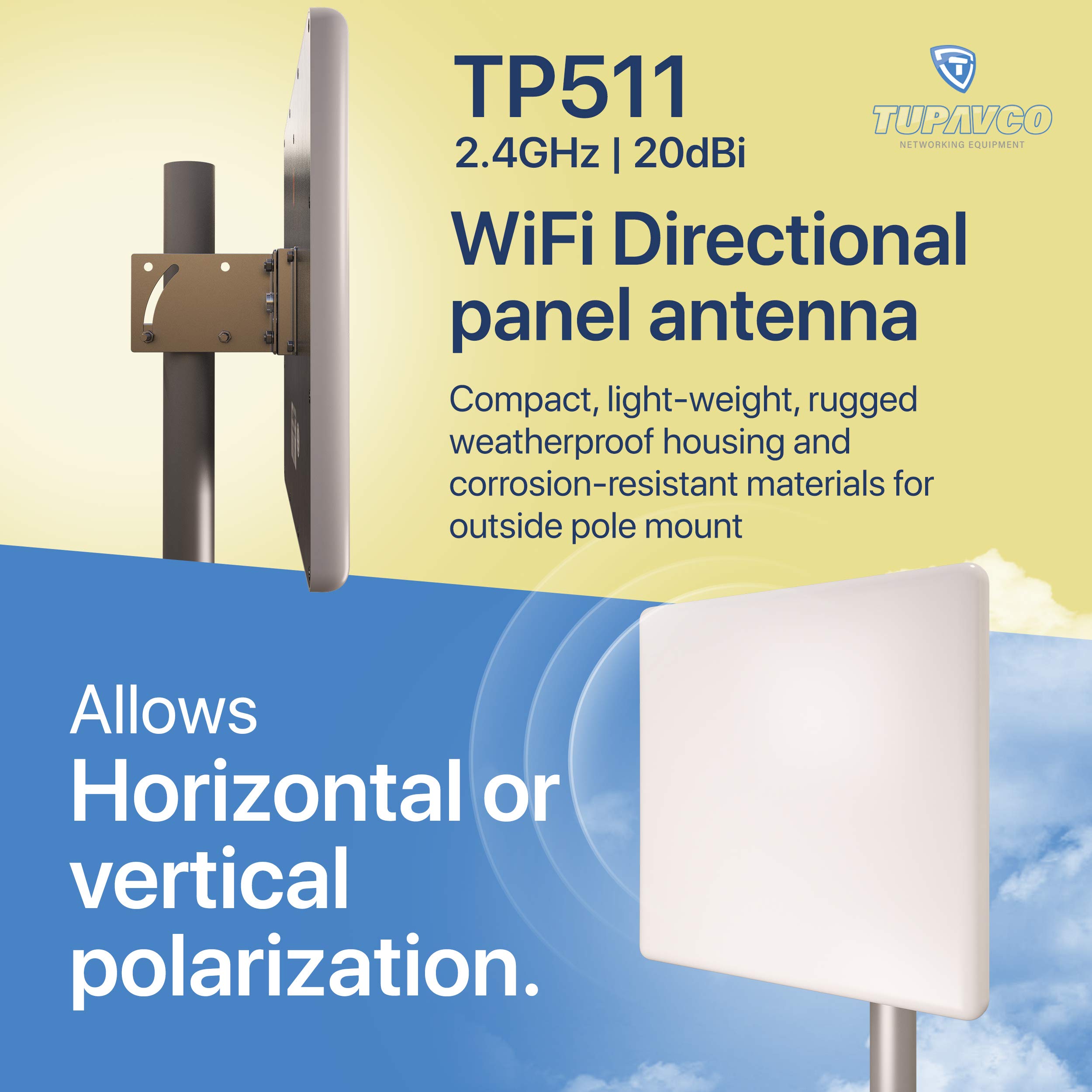 Tupavco TP511 WiFi Panel Antenna 2.4GHz (20dBi) Outdoor Directional (2400-2483 MHz) Wireless Network Signal (Pole Mast Mount) Weatherproof High-Gain Long Distance Range (N-Female Connector)
