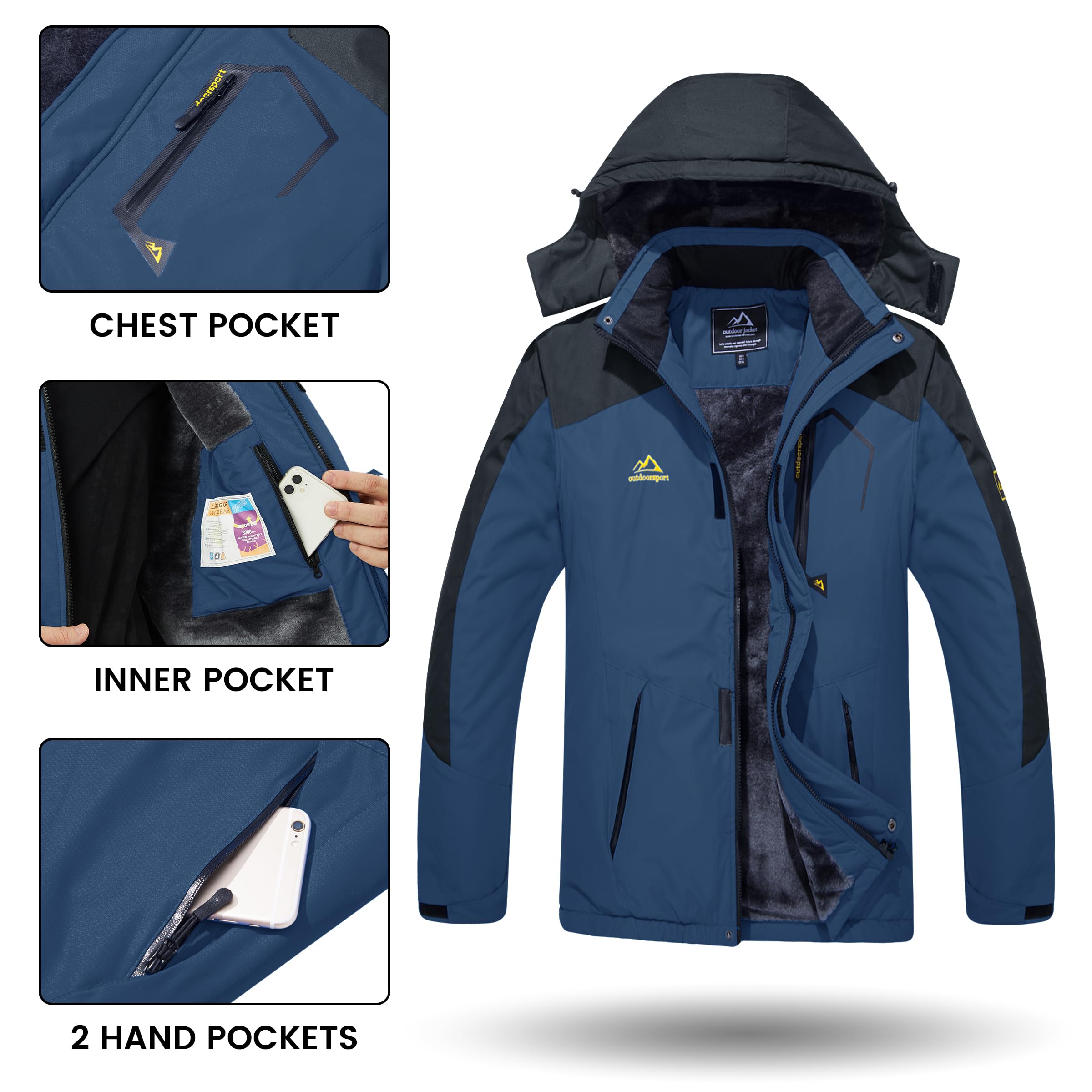 TACVASEN Men's Winter Skiing Jackets Water Resistant Fleece Coats Insulated Thermal Snowboard Jacket Parka Raincoat with Hood