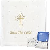Pinuotu Baby Baptism Blanket – White Cotton Knit Christening Shawl for Newborn Boys & Girls, Embroidered “Bless This Child” Cross, 40x31 Inch with Premium Gift Box