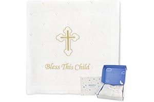 Pinuotu Baby Baptism Blanket – White Cotton Knit Christening Shawl for Newborn Boys & Girls, Embroidered “Bless This Child” Cross, 40x31 Inch with Premium Gift Box