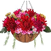 HyeFlora Artificial Fake Hanging Fall Mums Flowers Baskets for Outdoor Decoration, Faux Red Chrysanthemum Silk Red Flower, UV Resistant Realistic for Porch Patio Balcony Yard Summer Autumn Decor