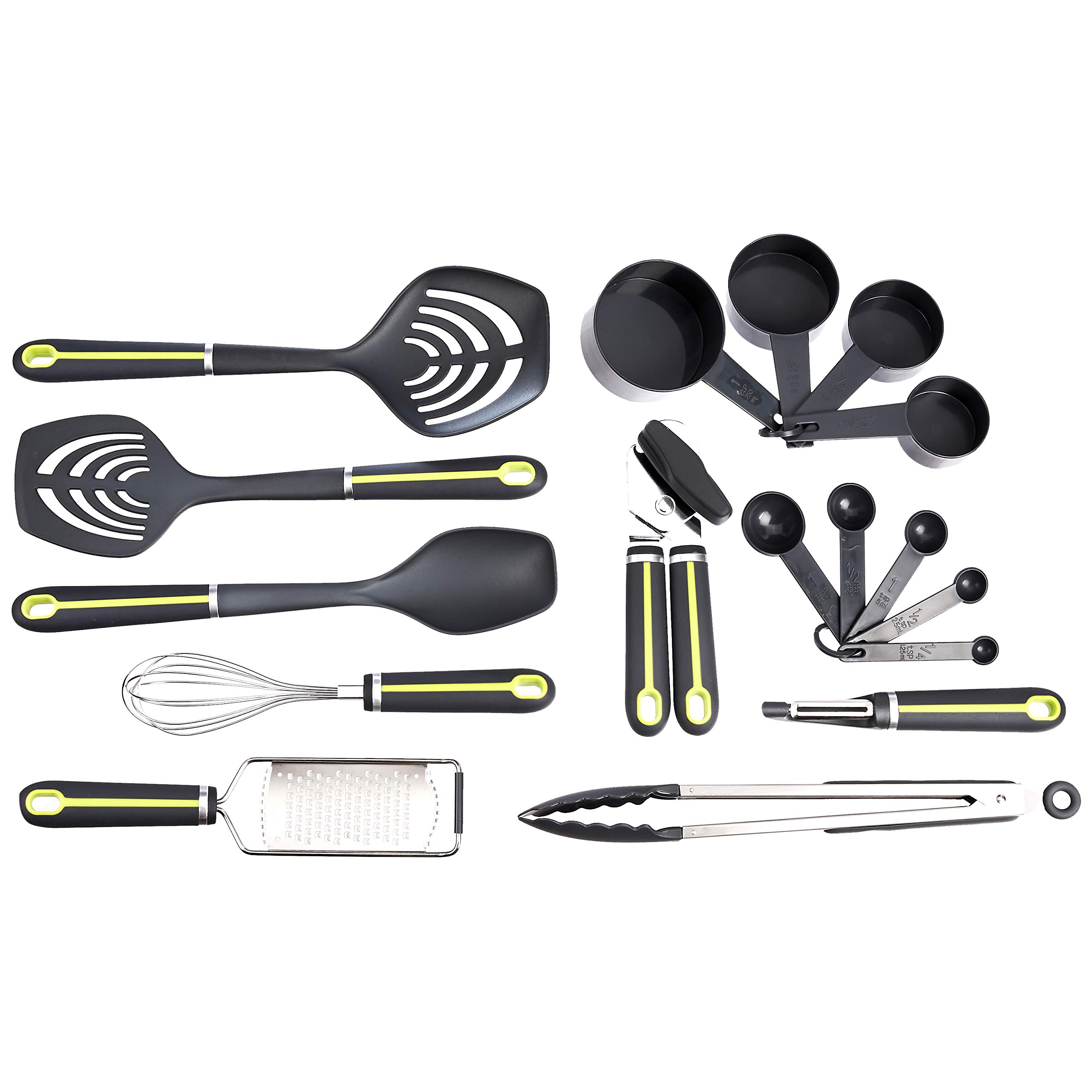 Amazon-Basics-Set-de-17-utensilios-de-cocina-con-mango-suave-de-color-verde-y-gris