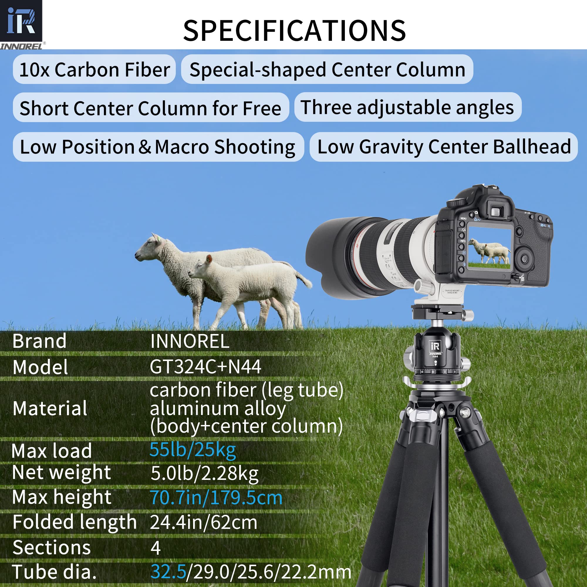 Carbon Fiber Camera Tripod-INNOREL GT324C Professional Compact Shooting Tripod for Heavy Duty Stand with Low Gravity Center Ball Head Special-Shaped Center Column