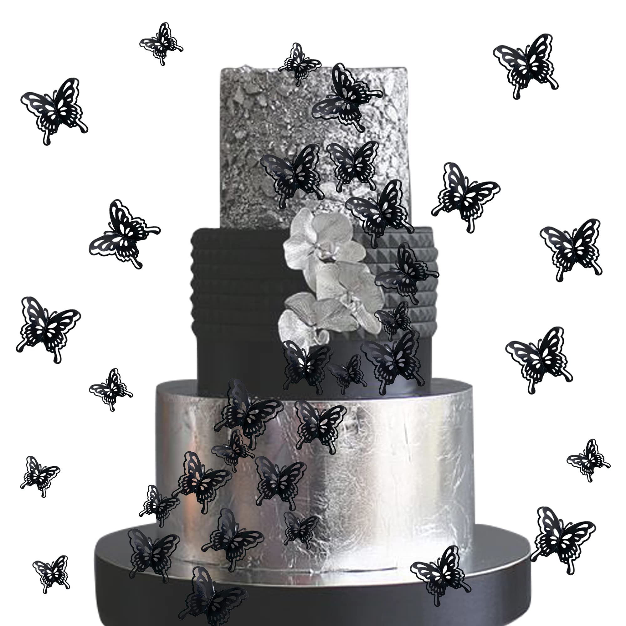 40 PCS Black Lively 3D Butterfly Cupcake Toppers Hollow Art Butterfly Cake Topper Decorations for Baby Shower Wedding Anniversary Kids Birthday Party Supplies Mixed Size