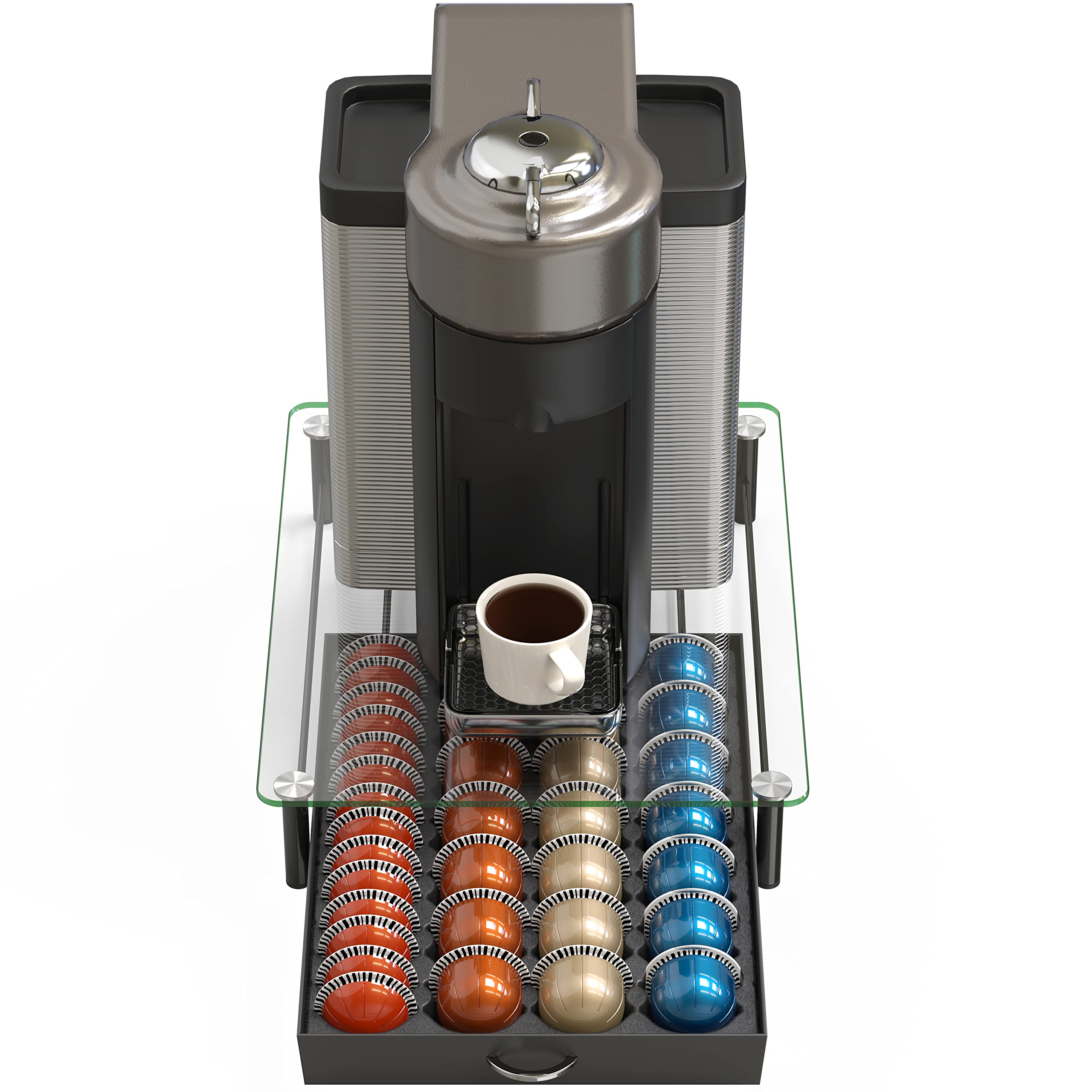 DecoBrothers Crystal Tempered Glass Vertuo Pod Holder Drawer, 28 Large or 56 Small Nespresso Capsule Organizer, Black