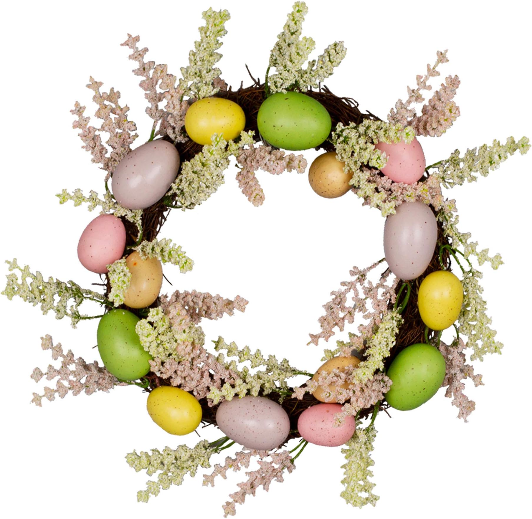 VGIA 12inch Artifical Easter Egg Wreath with Mixed Flowers, Twigs and Eggs，for Front Door or Indoor, Wall Decor