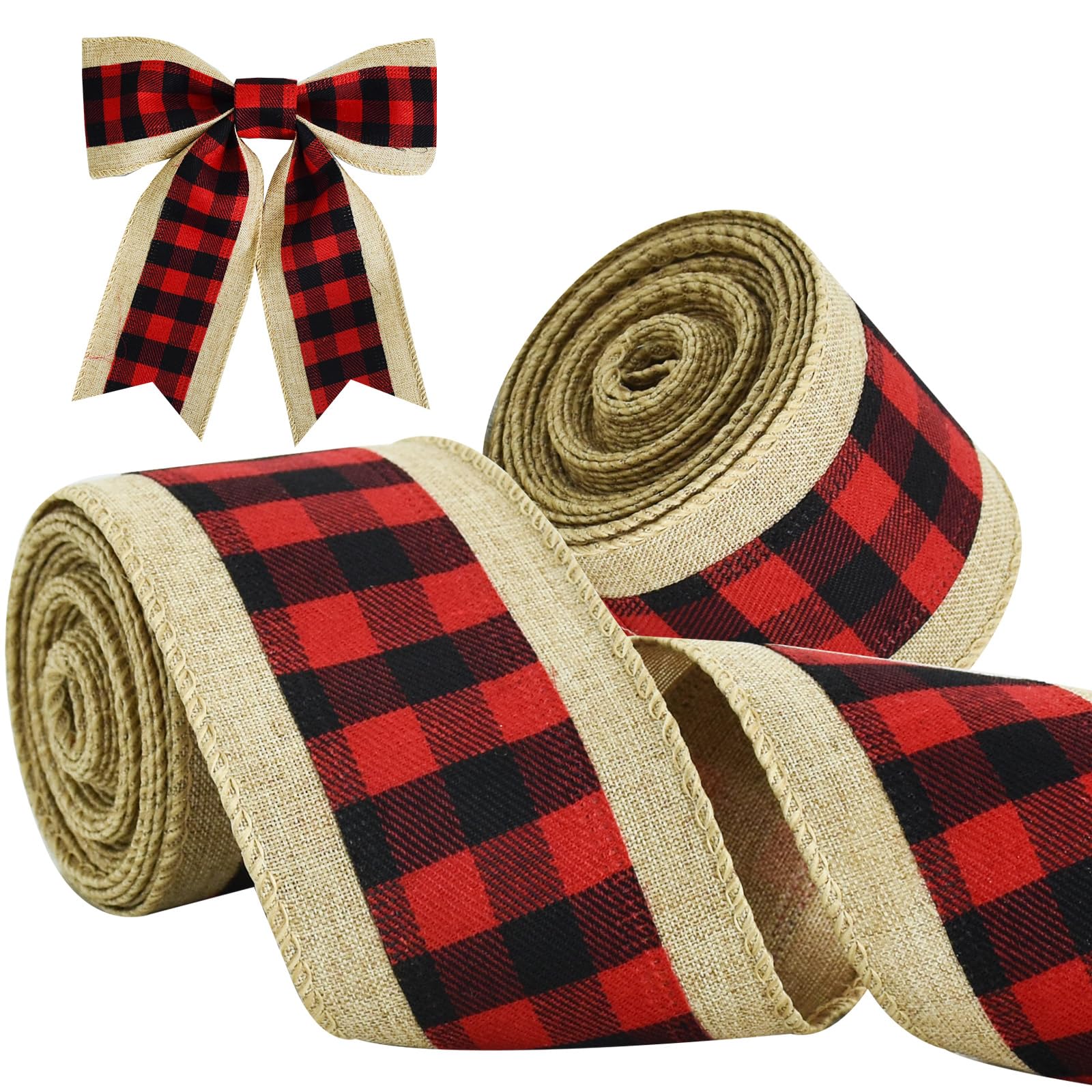 TONIFUL 2 Rolls-2.5 Inch Black and Red Plaid Check Burlap Ribbon, Burlap Wired Ribbon for Crafts Ornament Wrapping, Bows Making, Room and Party Decoration (6yds/roll)
