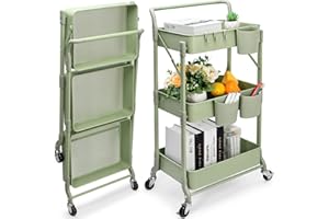 JOHGEE Foldable 3 Tier Rolling Cart, Metal Utility Cart, Folding Mobile Multi-Function Storage Trolley Organizer Cart for Home Library Office(Green)