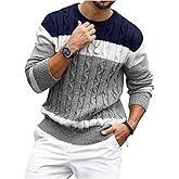 BEAUDRM Men's Color Block Sweater Crew Neck Long Sleeve Cable Knit Pullover Tops Casual Knitwear