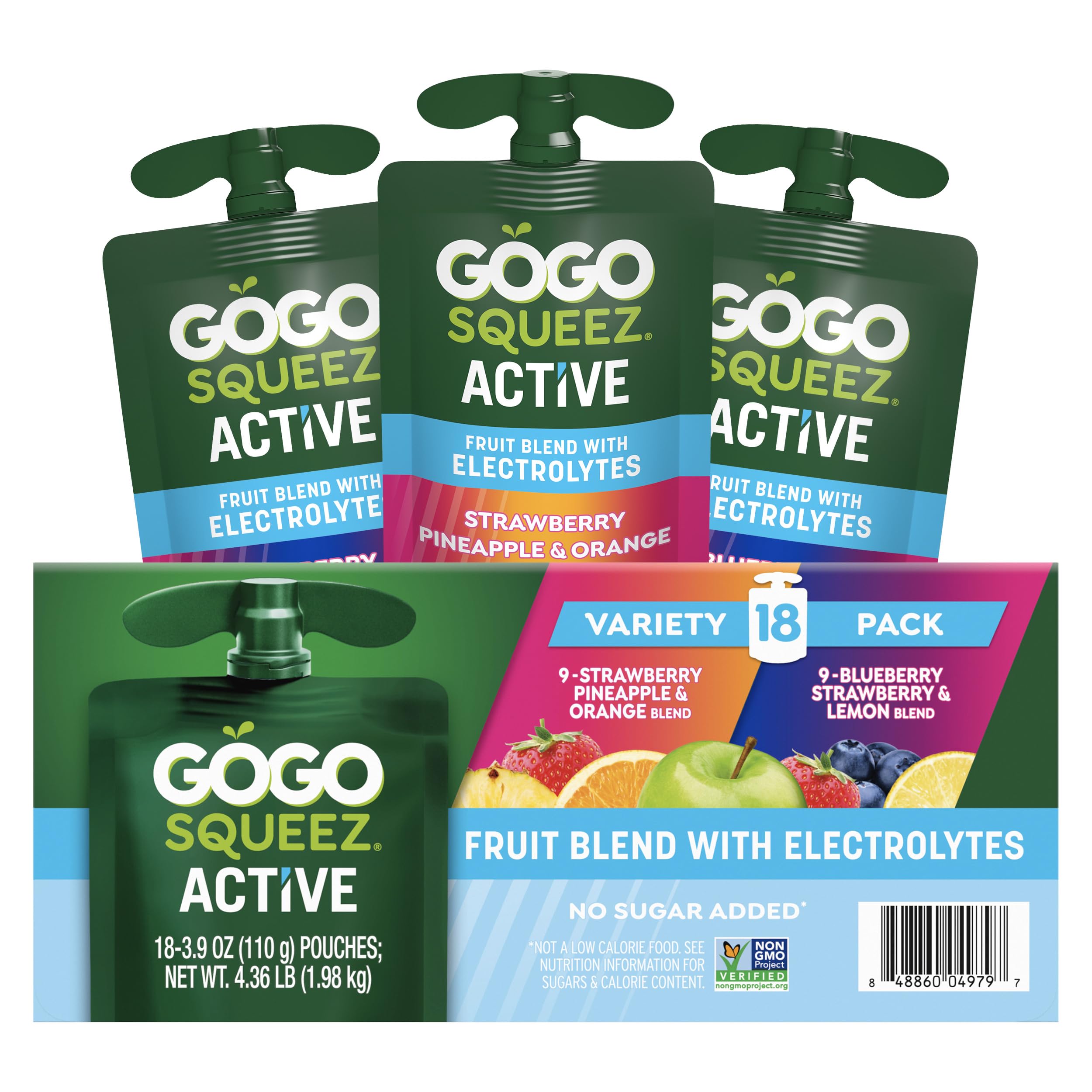 GoGo squeeZ Active Fruit Blend with Electrolytes | 18-Count Variety Pack | Blueberry Strawberry Lemon & Strawberry Pineapple Orange | Made with Real Fruit and Antioxidants Vitamin A, Vitamin E, & Vitamin C​