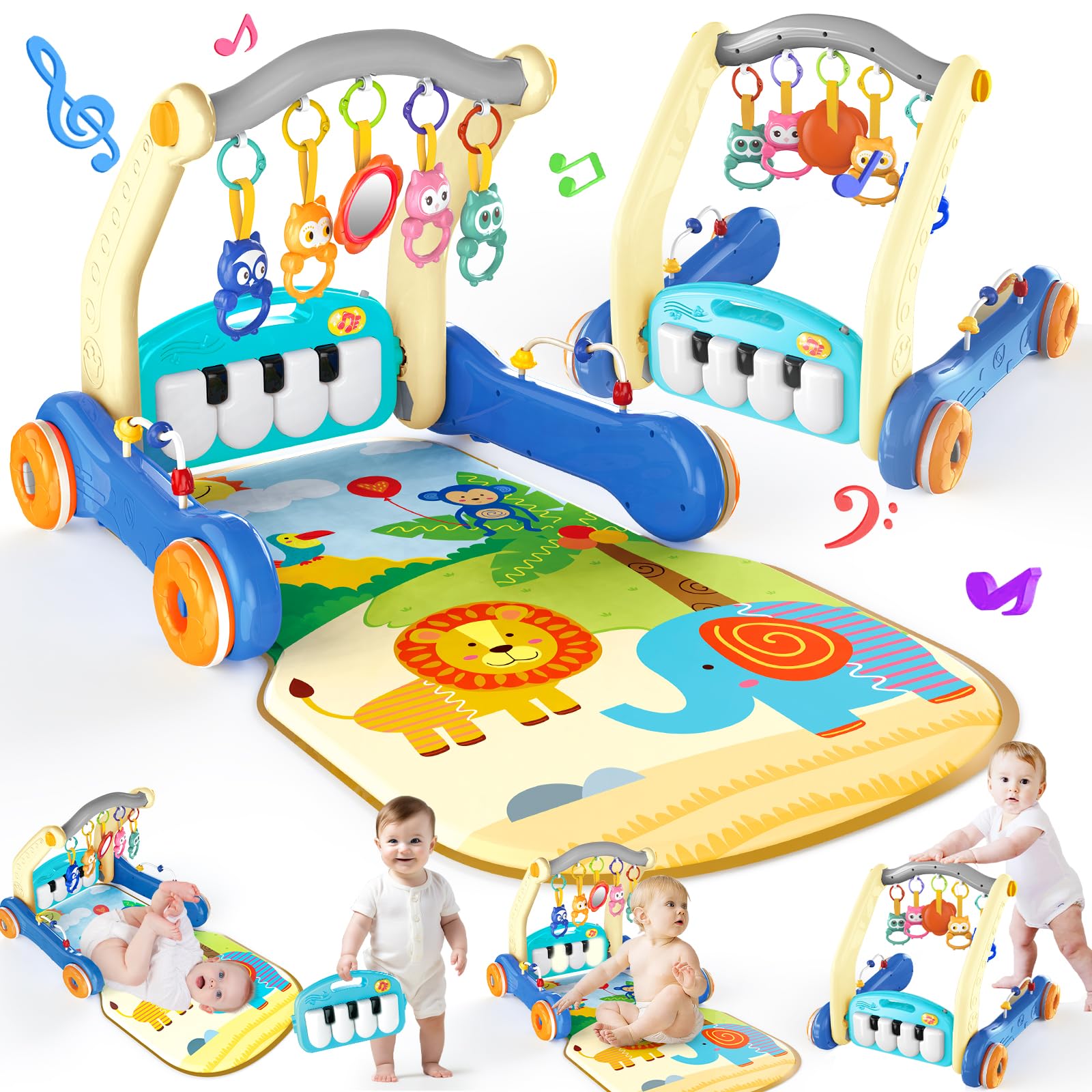 Photo 1 of 2 in 1 Baby Gym Play Mat with Walker, Kick and Play Piano Gym Activity for Boys Girls, Musical Activity Center Tummy Time Mat for 0-6-12-18 Months, Learning Walker Gym Gift for Infant Toddler (Blue)