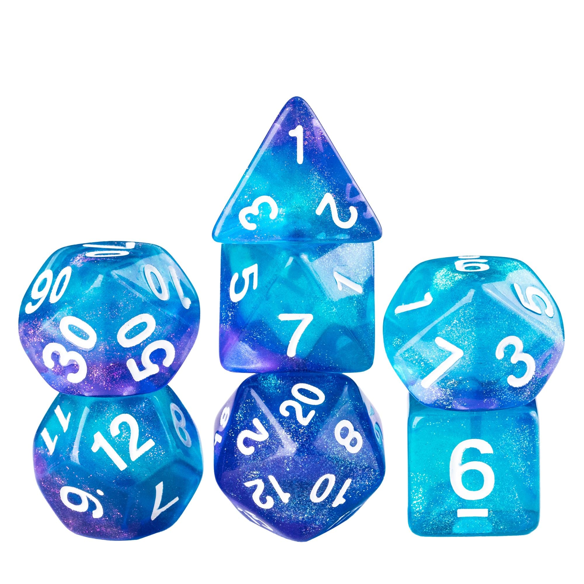 Cusdie 7Pcs/Set DND Dice Set D&D Polyhedral Dice for Dungeons and Dragons TTRPG Role Playing Dice Games RPGs (Purple Blue Glitters) — image 1