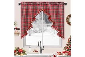 Yinhua Christmas Valance Christmas Tree Valance with Pompom Tassel Red Buffalo Plaid Swag Valances for Windows Rod Pocket Kitchen Curtain 36 Inch Length Window Valances for Kitchen Cafe, 1 Panel