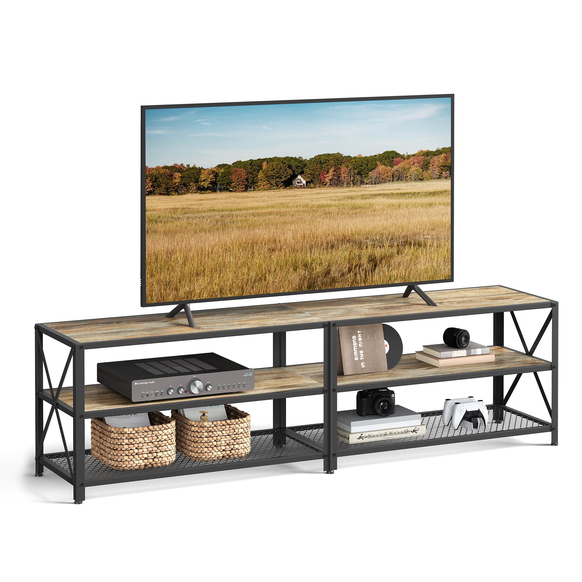VASAGLE TV Stand, TV Console for TVs Up to 75 Inches, TV Table, 70.1 Inches Width, TV Cabinet with Storage Shelves, Steel Frame, for Living Room, Bedroom, Turquoise Brown and Black ULTV096B60 Image VASAGLE TV Stand, TV Console for TVs Up to 75 Inches, TV Table, 70.1 Inches Width, TV Cabinet with Storage Shelves, Steel Frame, for Living Room, Bedroom, Turquoise Brown and Black ULTV096B60 Image