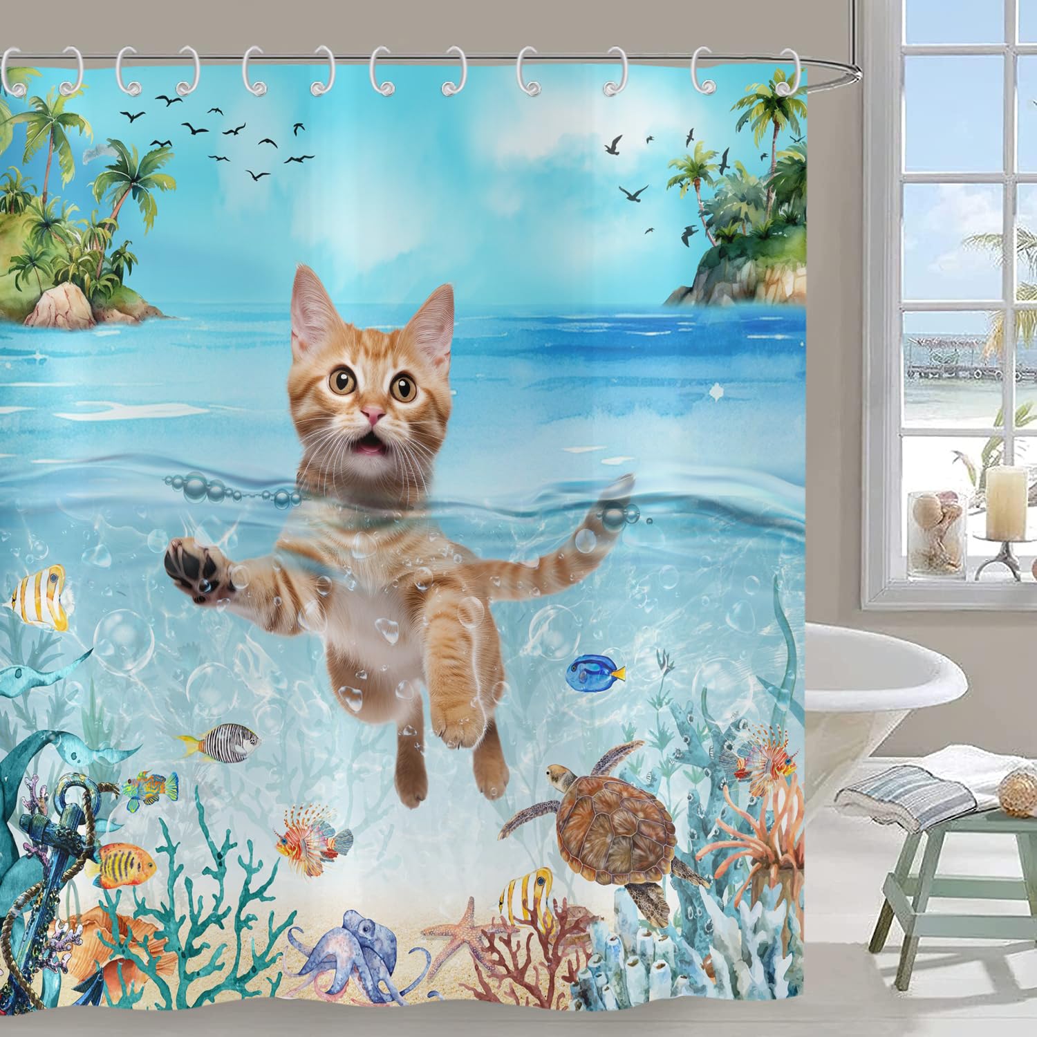 Hnmdmyi Funny Cat Shower Curtain 180x180, Cute Kitten Swimming in Blue Ocean Sea Turtle Tropical Fish Starfish Coral Kids Bathroom Shower Curtains Waterproof Polyester Fabric Washable Bath Curtains — image 1