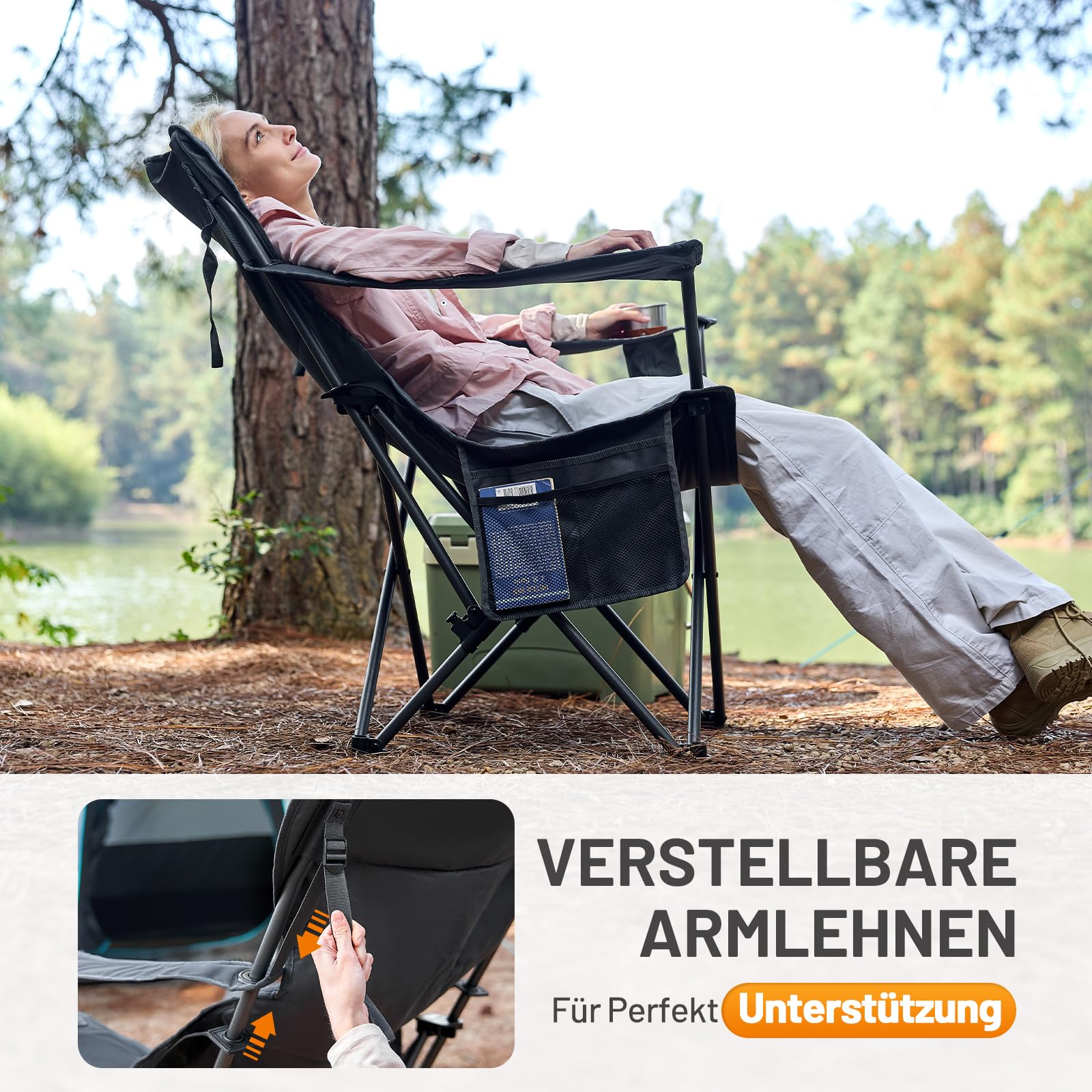 TIMBER RIDGE Campingstuhl Faltbar 180KG Rückenverstellbar in 3 Positionen Klappstuhl Gepolsterter Angelstuhl Übergroß Sitzbreite 62cm mit Seitentasche Getränkehalter 4