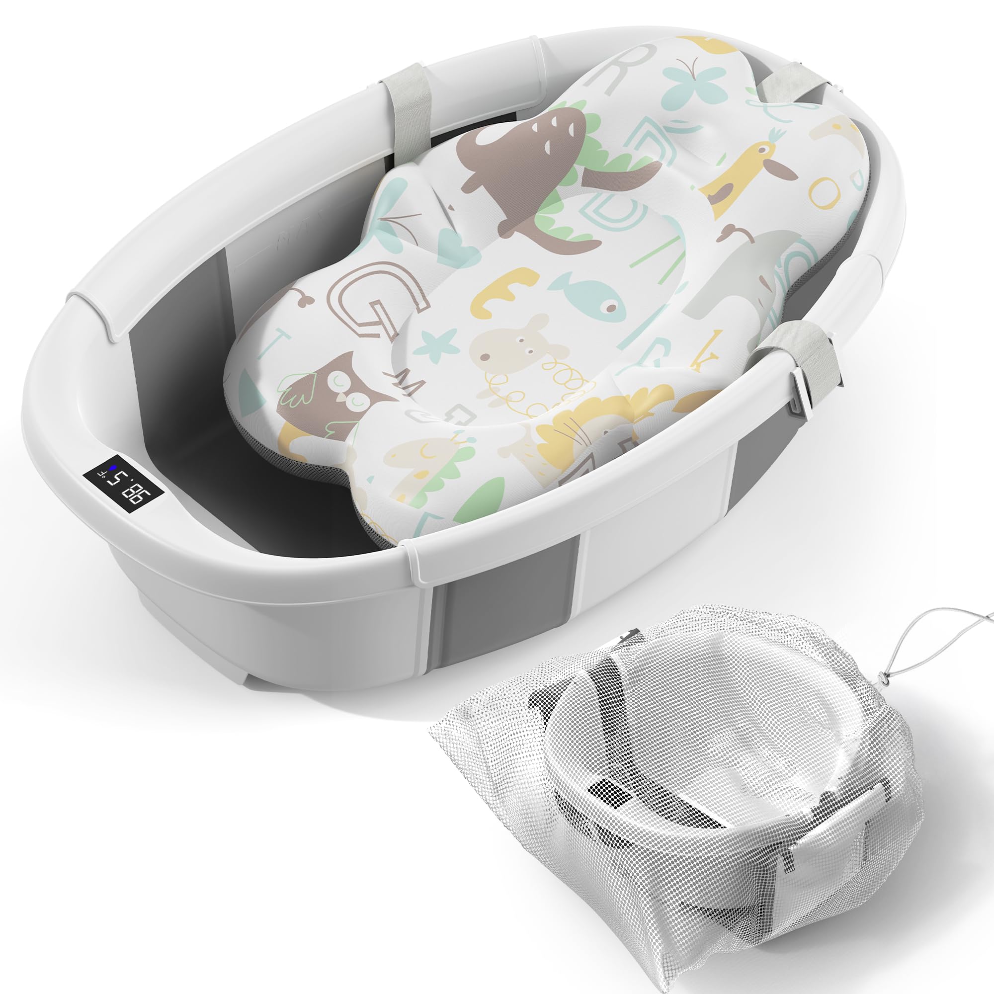 Photo 1 of Collapsible Baby Bathtub - Large Baby Bath Tub with Thermometer & Cushion | Travel Portable Newborn Infant Bathtub | Foldable Toddler Bathtub for Baby 0 to 36 Months (Grey)