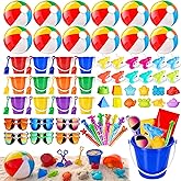 FUNKEEPAL 12PACK Beach Pool Party Favors Includes 84PCS Beach Toys for Kids Ages 4-8 8-12, Summer Sand Toys with Beach Balls, Kids Sunglasses, Bubble Wands, Buckets, Shovels, Molds, Party Decorations