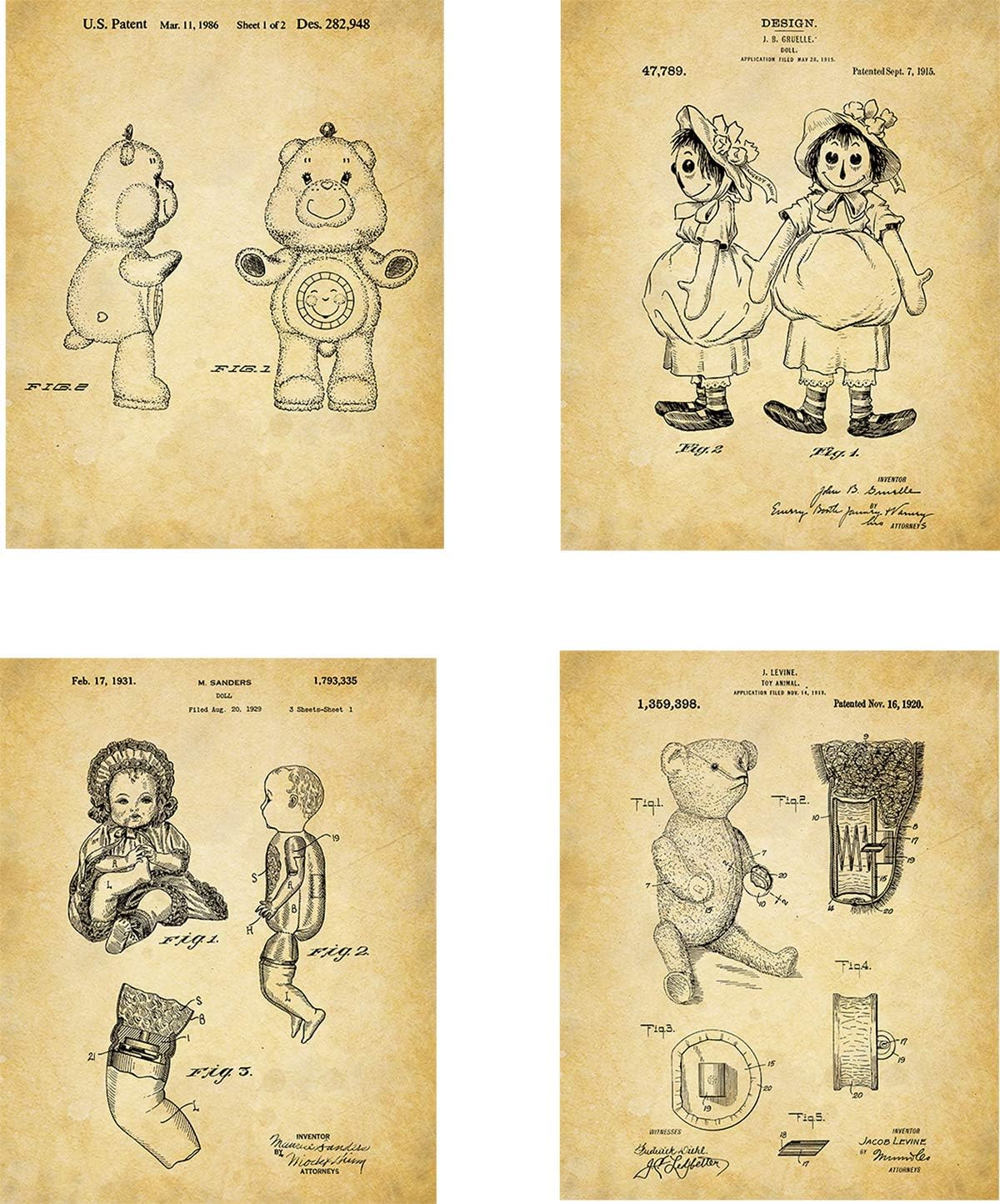 Bear and Doll Patent Wall Art Prints - set of Four (8x10) Unframed - wall art decor with bear and doll theme