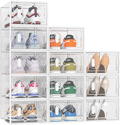 SIMPDIY 12 pcs Clear Stackable Shoe Storage Boxes with Lids UK 9.5 fit