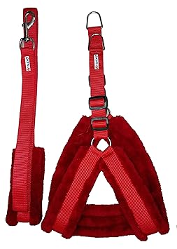 Petshop7 Nylon Dog Harness & Leash Set with Fur (Red, Chest Size - 25-28)