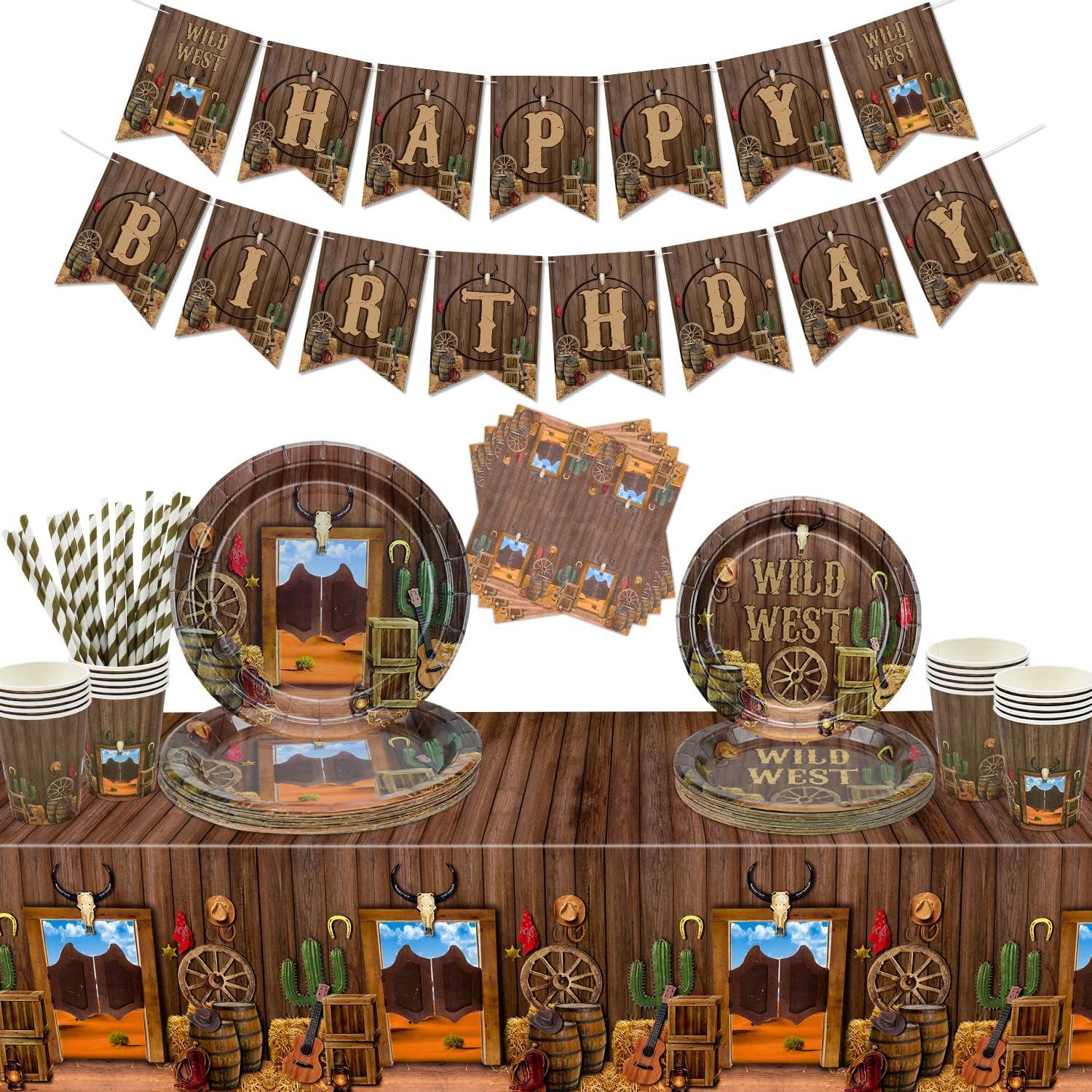 Birthday Decorations - Including Plates, Cups, Napkins, Tablecloths, Banner - Serve 20 (western)