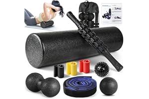 BORNEW 7 in1 Foam Roller Set for Deep Tissue Muscle Massager - High Density Back Roller, Muscle Roller Stick, Resistance Bands, Foot Massage Ball, Stretching Strap for Exercise, Whole Body Physical Therapy