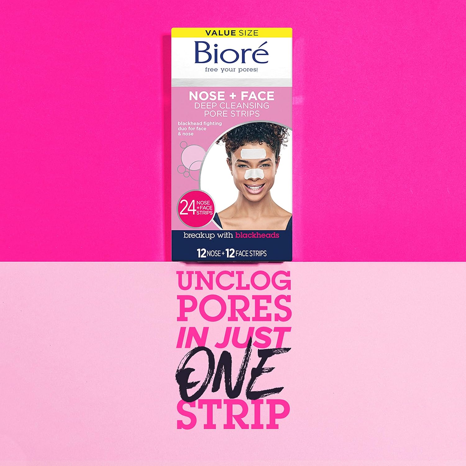 Bioré Nose Face, Deep Cleansing Pore Strips, 24 Ct Value Size, 12 Nose + 12 Face Strips for Chin or Forehead, Instant Blackhead Removal & Pore Unclogging, Oil-free, Non-Comedogenic, Packaging May Vary: Beauty