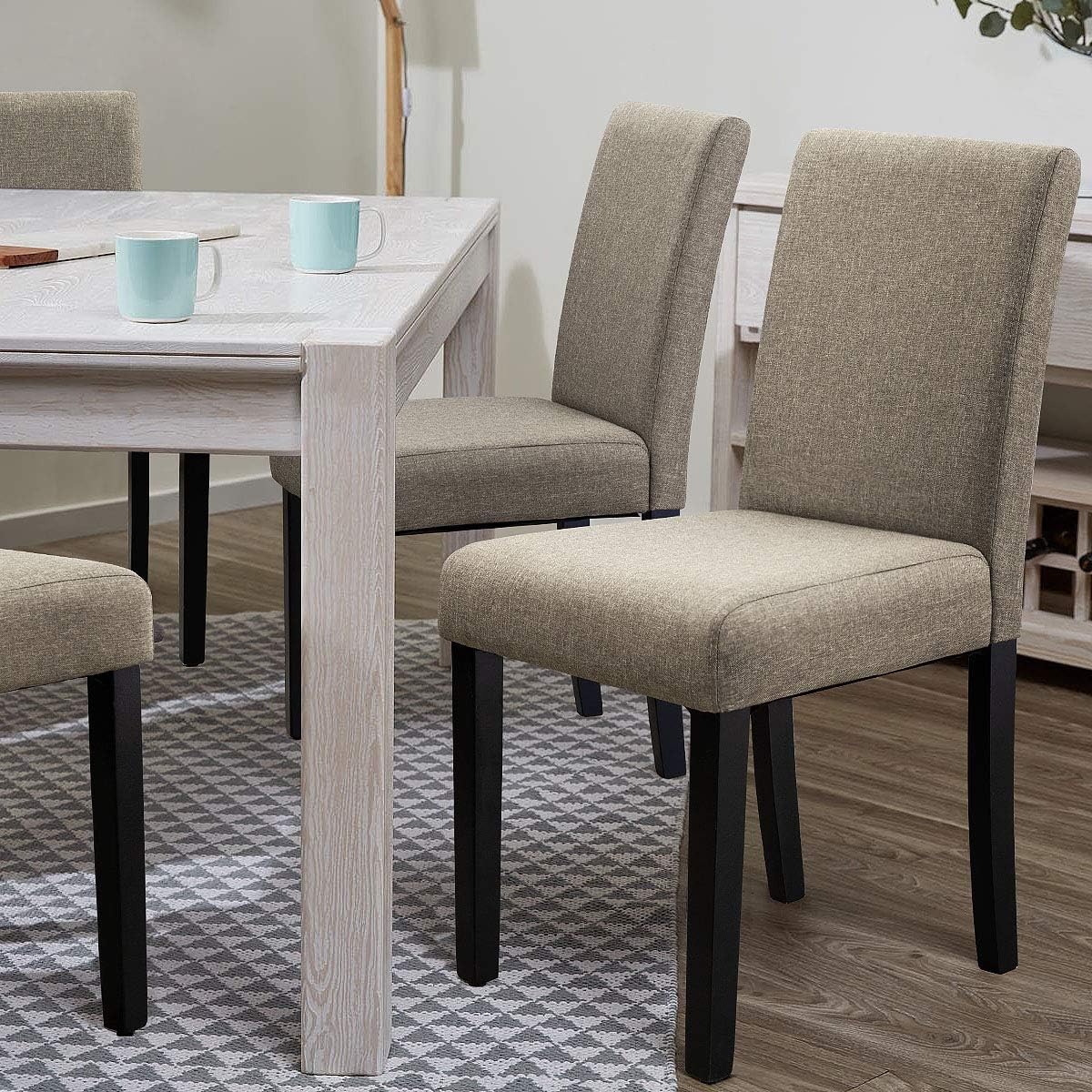 Furniwell Dining Chairs Fabric Upholstered Parson Urban Style Kitchen Side Padded Chair with Solid Wood Legs Set of 4 (Beige) - Chairs