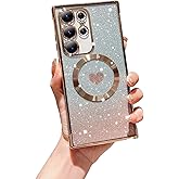 FABSPARK for Samsung Galaxy S25 Ultra Phone Case,Compatible with Magsafe,Magnetic Plating Glitter Gradient Cute Heart Clear Case,Camera Protection for Samsung Galaxy S25 Ultra,Golden