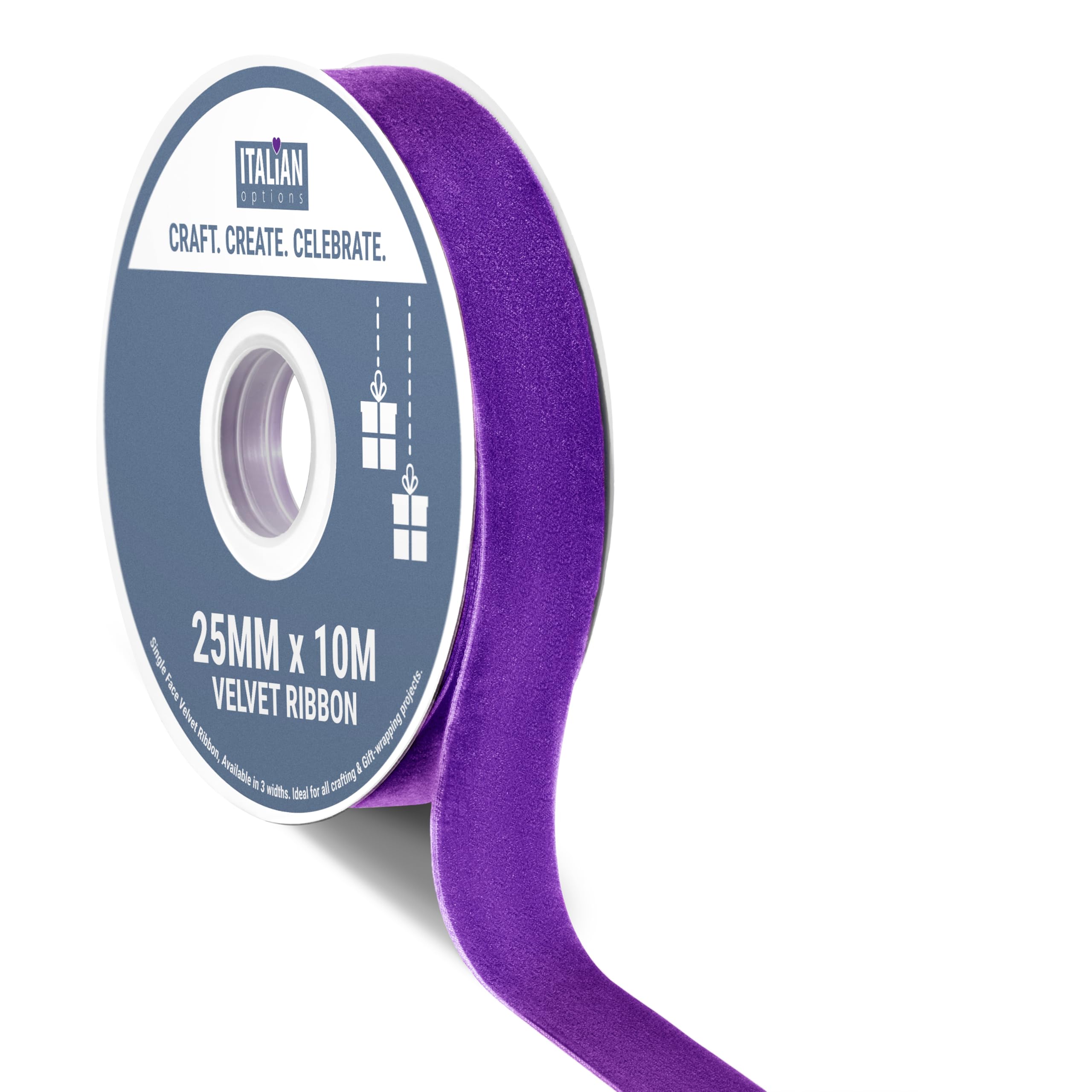 Italian Options Velvet Ribbon, Luxury, Single-Face Velvet Ribbon for Crafting, Christmas, Bows, Hair, Cakes, Weddings, Ornaments, Gift Wrapping, Flowers, 25mm x 10 Metre Roll, Purple
