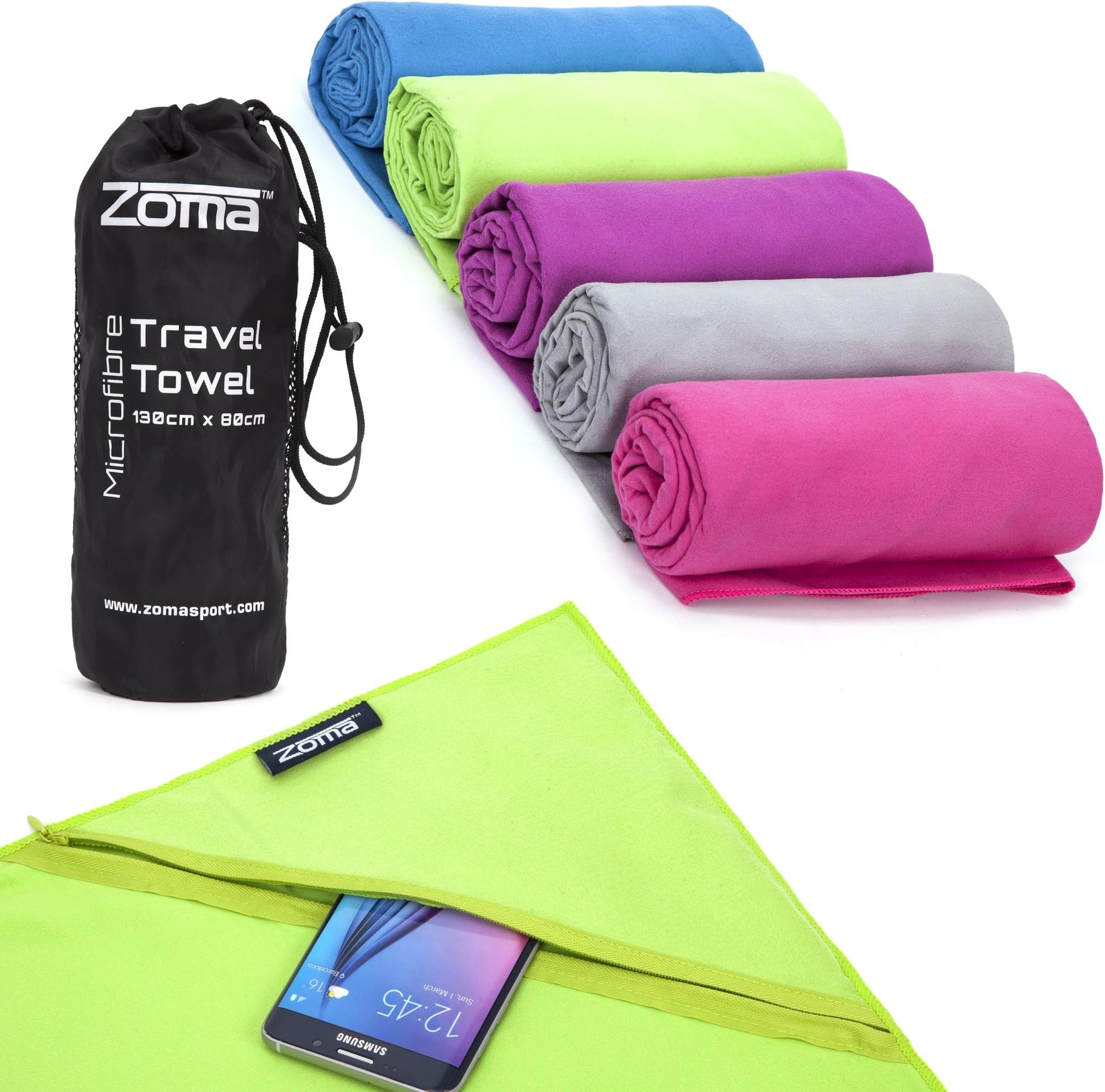 Invool Microfibre Towel with Handy ZIPPER POUCH Holds