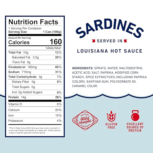 BEACH CLIFF WILD CAUGHT SARDINES IN LOUISIANA HOT SAUCE, 3.75 OZ CAN – 14G PROTEIN PER SERVING – GLUTEN FREE, KETO FRIENDLY