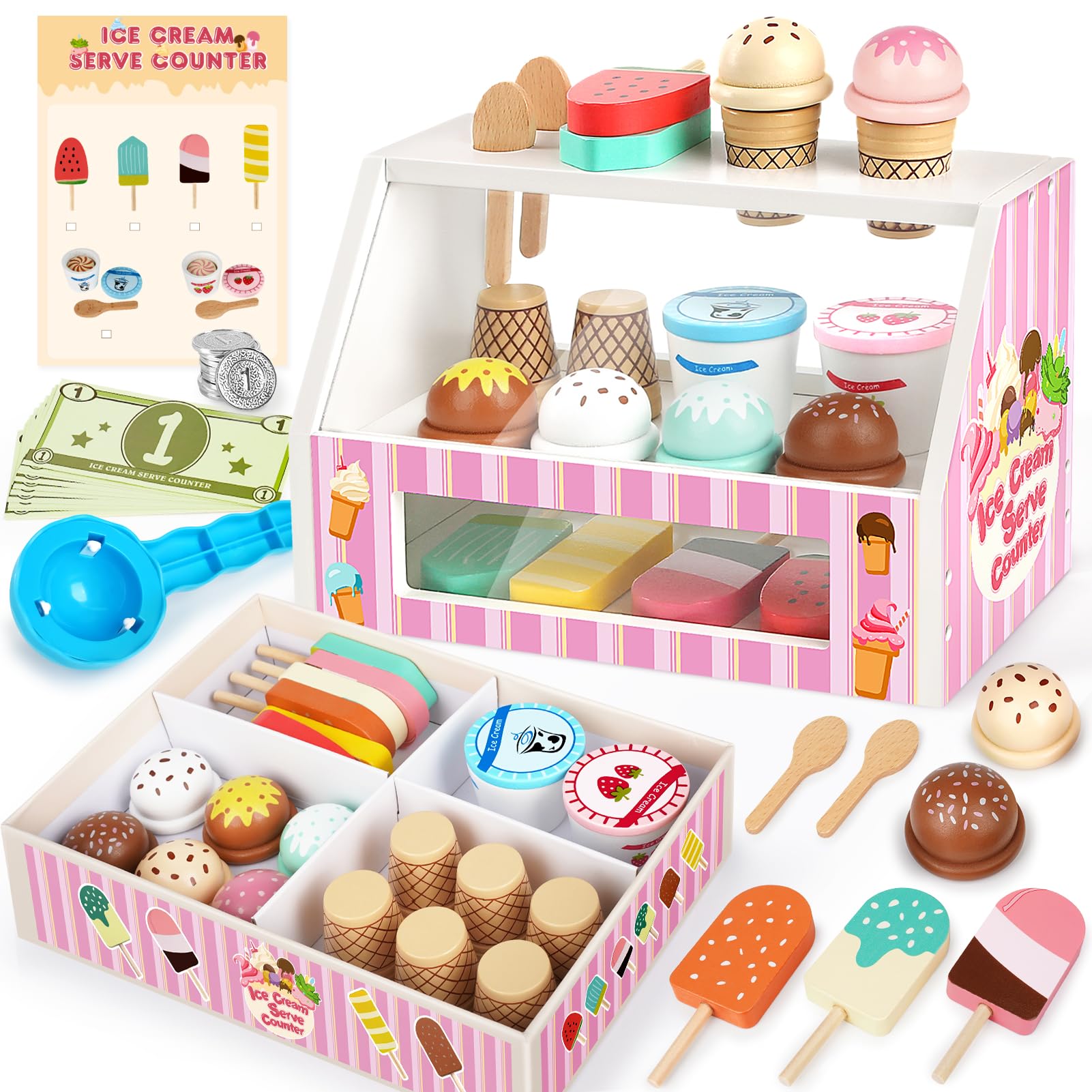 Dreamon Wooden Ice Cream Set for Kids, Wooden Role Play Ice Cream Shop Play Food Kitchen Toys Imaginative Play Toys Gift 3 year old Girls Boys (46 PCS Ice-cream)